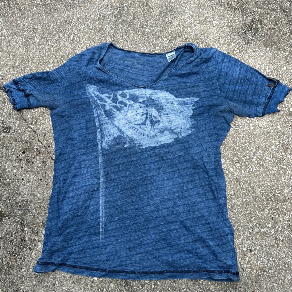 Diesel Only The Brave Flag Graphic T-Shirt Blue Slub Knit V-Neck Raw Edge Tee L